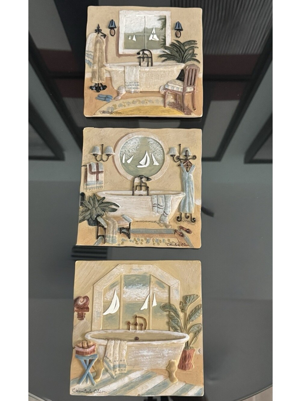 C Winterle Olson New View 3D Bathroom Wall Plaques Set 3 Clawfoot Tub Coastal